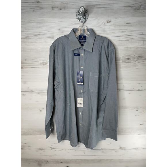 Stafford Dress Shirt Mens 17 34-35 Navy Stripe Fitted Easy Care Travel Stretch - Picture 1 of 11